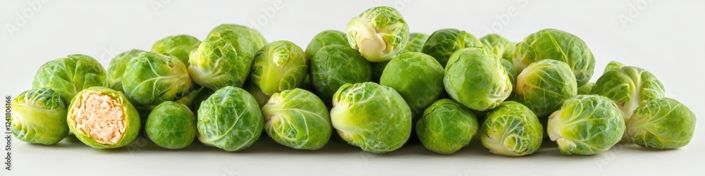 A pile of fresh Brussels sprouts on a white background A pile of fresh Brussels sprouts on a white background