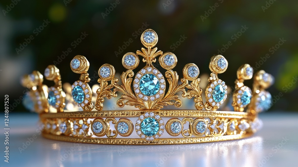 A golden crown sits atop a table, ready for use or display A golden crown sits atop a table, ready for use or display