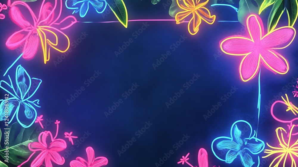 Obraz premium Neon floral frame, dark blue background