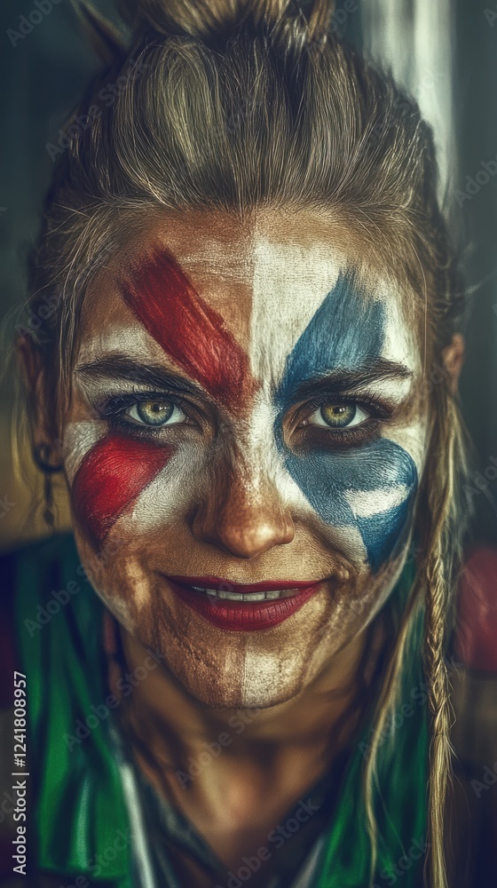 A striking portrait of a woman adorned with dramatic face painting, conveying bold emotions and artistic expression, blending beauty with a powerful narrative of identity. A striking portrait of a woman adorned with dramatic face painting, conveying bold emotions and artistic expression, blending beauty with a powerful narrative of identity.