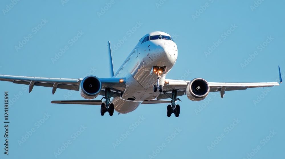 A large commercial airliner soaring through a clear blue sky A large commercial airliner soaring through a clear blue sky
