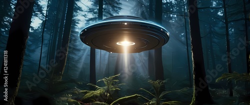 Levitating UFO hovering silently in an enchanted forest bringing up questions of exploration photo