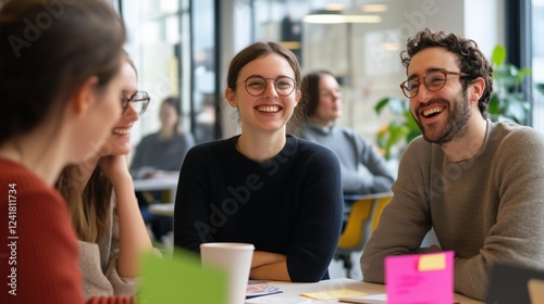 A group of people are smiling and laughing together. They are sitting around a table with cups and papers. Scene is happy and friendly