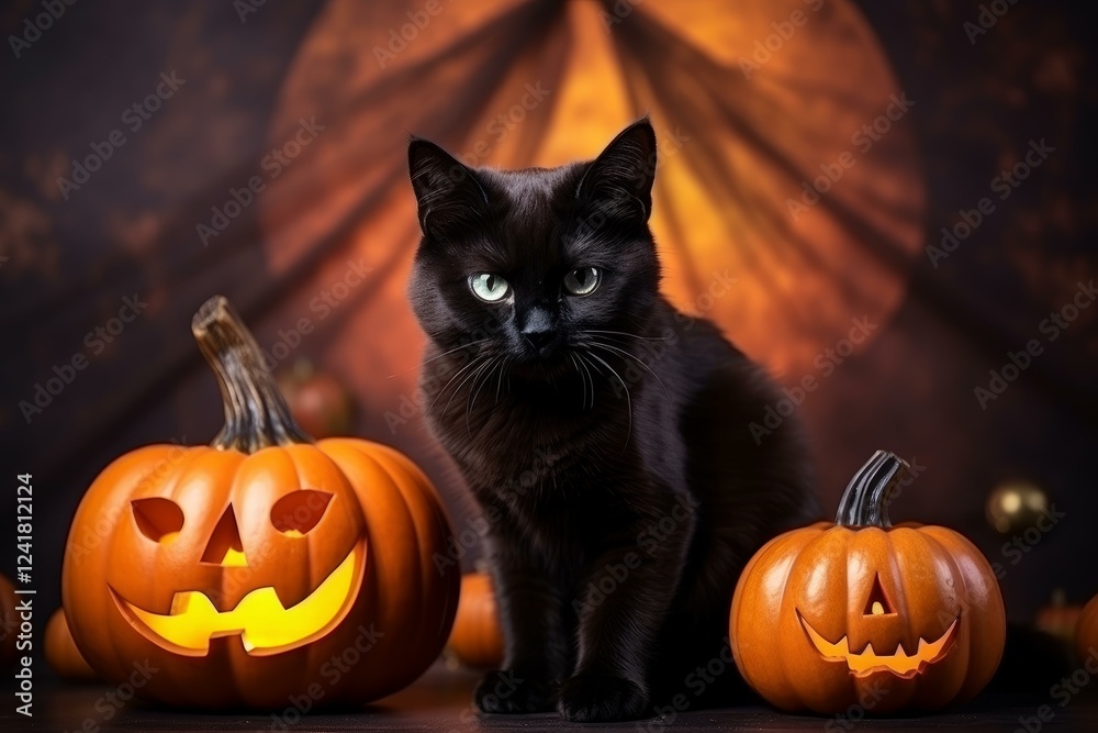 Black cat sitting between two carved and illuminated pumpkins, creating a spooky halloween atmosphere Black cat sitting between two carved and illuminated pumpkins, creating a spooky halloween atmosphere