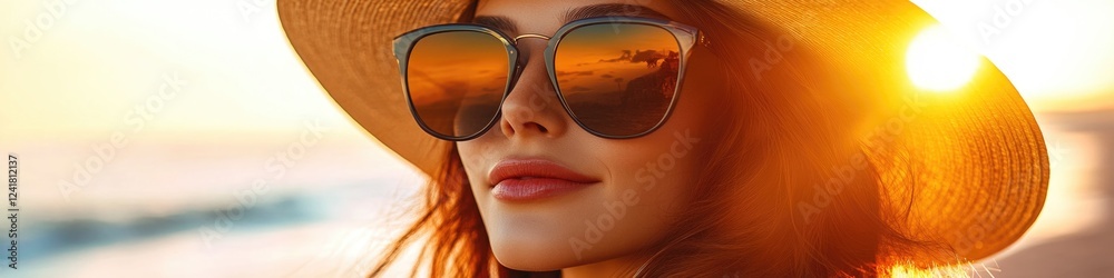 A woman relaxing on the beach with a hat and sunglasses, enjoying the sunshine A woman relaxing on the beach with a hat and sunglasses, enjoying the sunshine