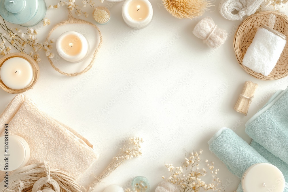 Obraz premium Conjunto de itens de spa com toalhas, velas e elementos decorativos em tons neutros, capturados com luz natural suave, criado com IA generativa.