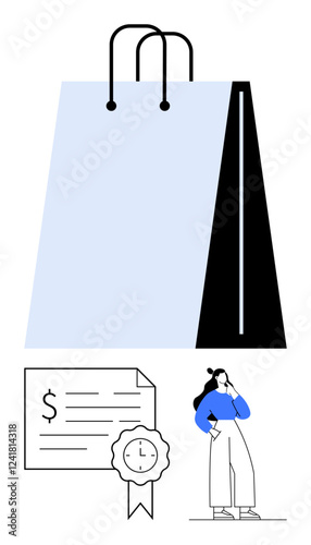 Woman ponders while holding phone near a large blue shopping bag and financial document. Ideal for e-commerce, retail, decision-making, product evaluation, financial planning, certification, awards