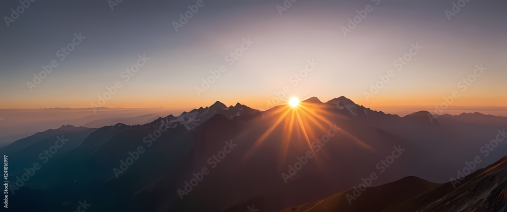 Majestic sunrise breaking over mountain peaks inviting a new day to unfold Majestic sunrise breaking over mountain peaks inviting a new day to unfold