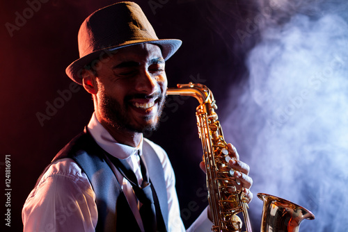 Smiling saxophonist with hat and smoke on background