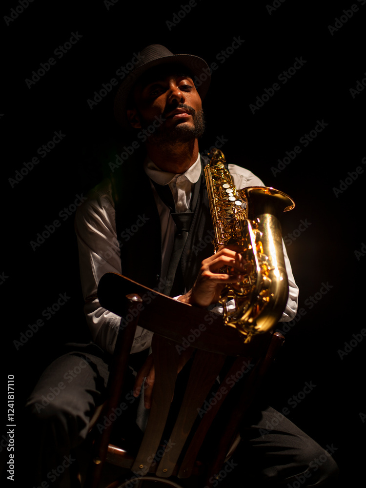 Saxophonist portrait on black background