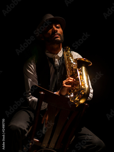 Obraz na płótnie Saxophonist portrait on black background w salonie