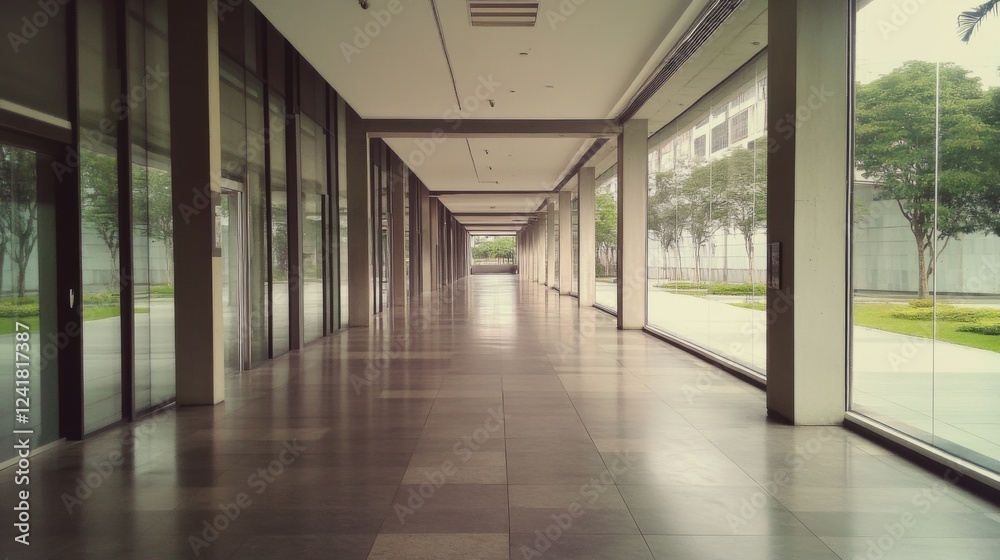 Modern glass corridor, outdoor view, trees, sunlight, architecture, corporate setting Modern glass corridor, outdoor view, trees, sunlight, architecture, corporate setting