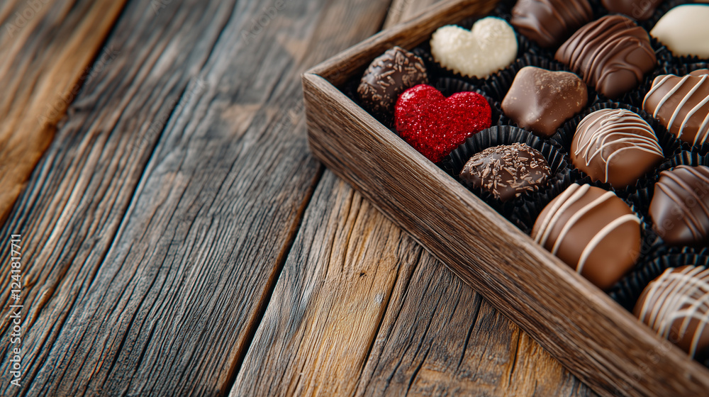 Box of assorted heart-shaped chocolates, rustic surface Box of assorted heart-shaped chocolates, rustic surface