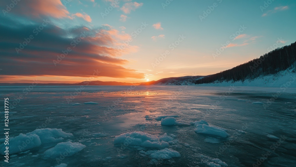 Obraz premium Frozen Lake Sunset: A Serene Winter Wonderland