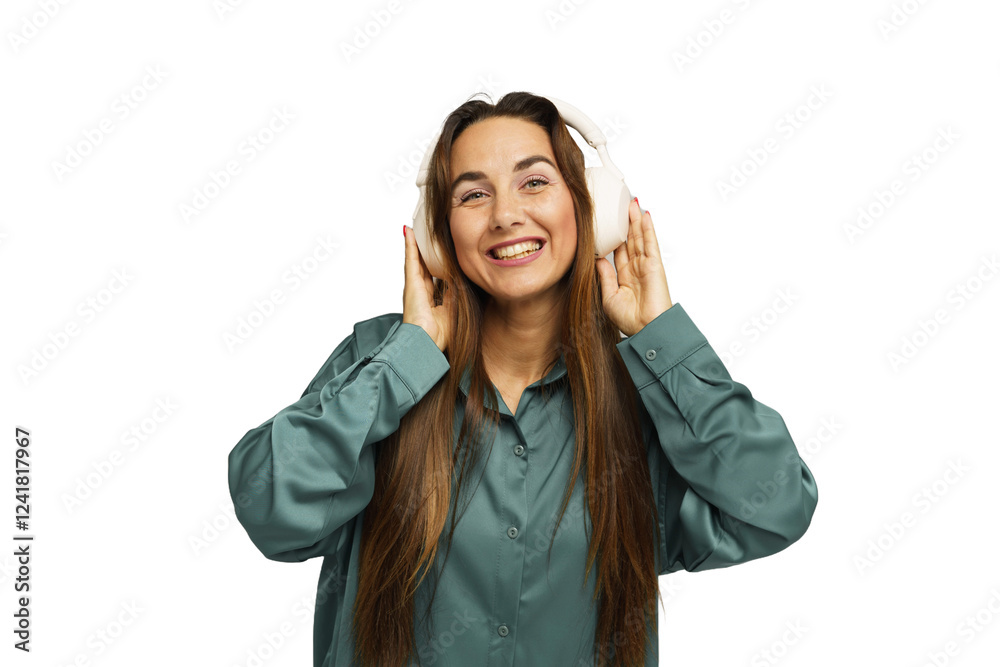 Smiling woman enjoys music while wearing headphones in a bright, minimalistic setting Smiling woman enjoys music while wearing headphones in a bright, minimalistic setting