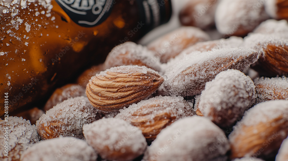 Close-up of smoked almonds with frosty beer bottle