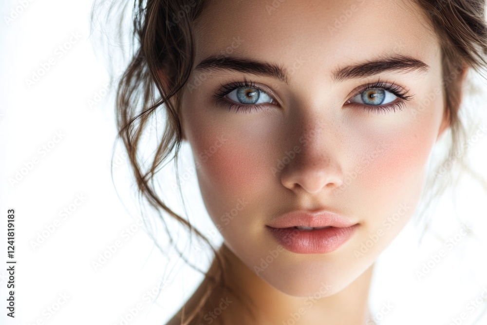 A close-up shot of a woman's face with striking blue eyes A close-up shot of a woman's face with striking blue eyes