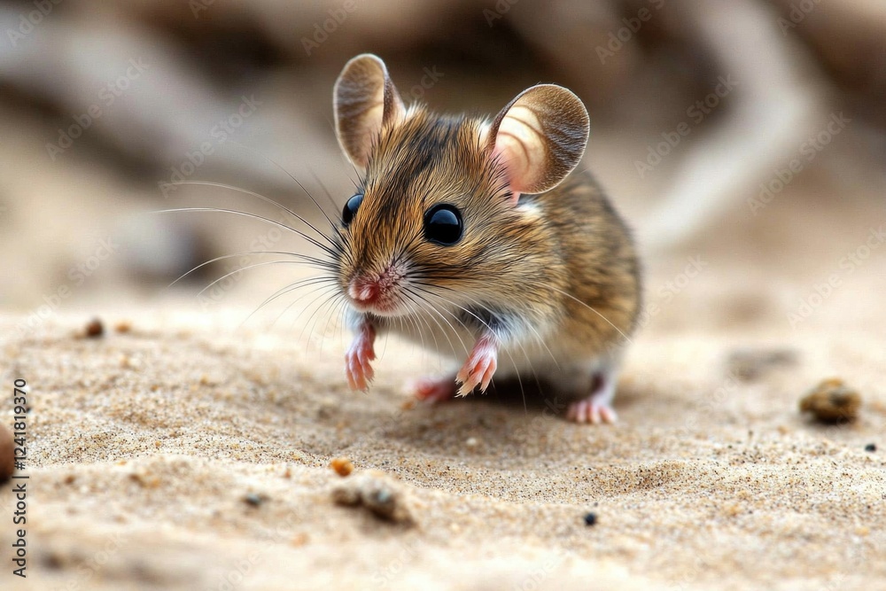 A small mouse stands on the surface of a sandy ground, looking around A small mouse stands on the surface of a sandy ground, looking around