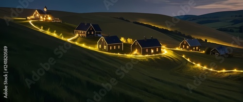 Picturesque countryside showcasing rolling hills and quaint farmhouses photo