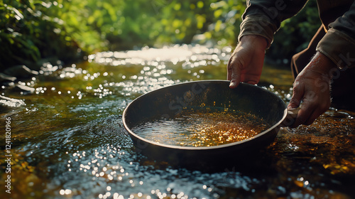 Miner panning for gold in a river, with flecks of gold visible in the pan, surrounded by lush greenery and bright sunlight Generative AI