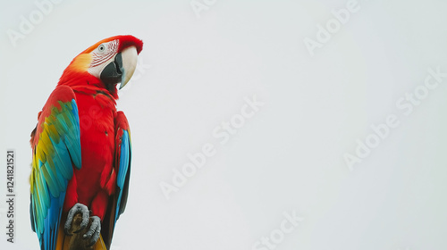 A vibrant macaw with brilliant red, blue, and yellow feathers perches on the left side of the frame, its sharp beak and curious eyes standing out against a clean white background, space for copy text.
