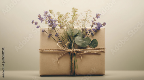 A Delicate Arrangement of Dried Flowers on a Kraft Gift Box. A Simple Yet Elegant Gift Wrapping Idea. photo