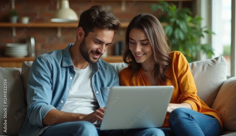 a guy and a girl are looking at a laptop a guy and a girl are looking at a laptop