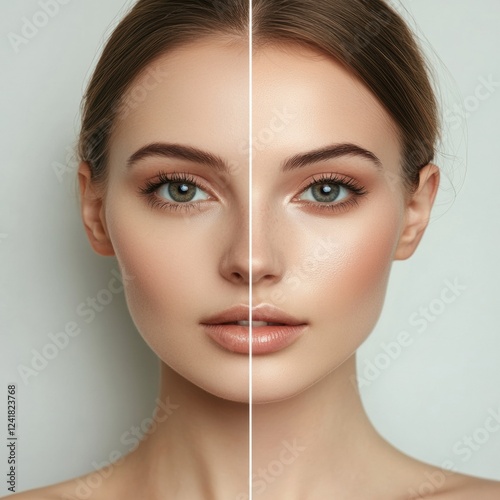 Half natural beauty and half makeup transformation on model in studio setting. Generative AI