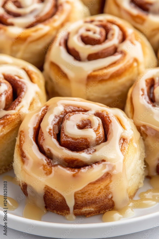 Plate of cinnamon rolls with a glaze on top Plate of cinnamon rolls with a glaze on top