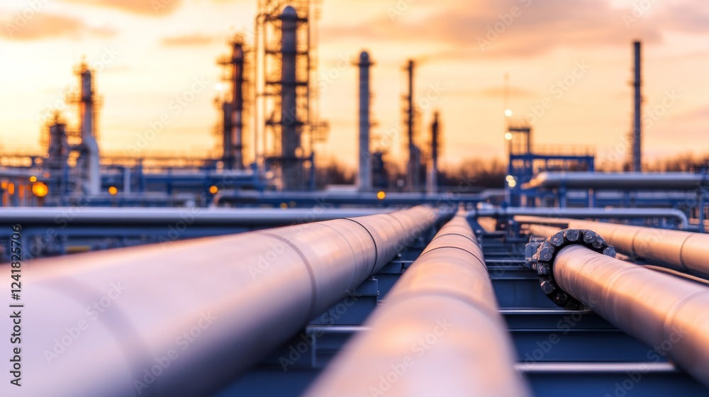 A low-angle view showcases a steel pipeline in a petrochemical facility, reflecting bright lighting and surrounded by towering refinery structures at sunset A low-angle view showcases a steel pipeline in a petrochemical facility, reflecting bright lighting and surrounded by towering refinery structures at sunset