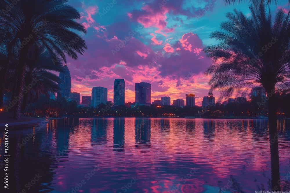 Obraz premium Sunset in Orlando, Minimalist: Colorful Lake Eola with City Skyline