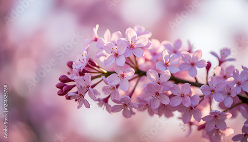 Pink cherry blossom flowers in soft focus, Lilac Branches, New Blooms