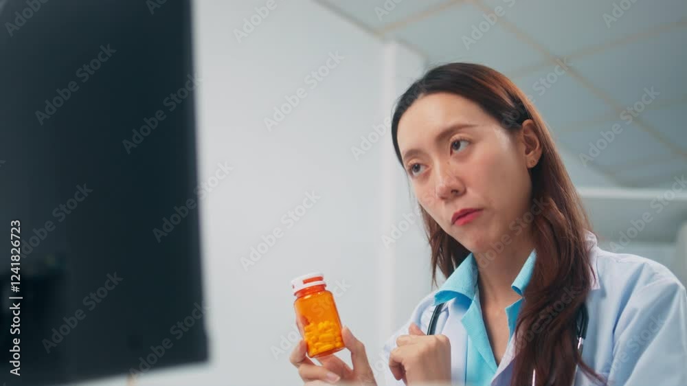 Asian female doctor consulting her patient on online video call conference at doctor's office. Professional Asian female pharmacist explaining, advising medicine during online consulting with patient. Asian female doctor consulting her patient on online video call conference at doctor's office. Professional Asian female pharmacist explaining, advising medicine during online consulting with patient.