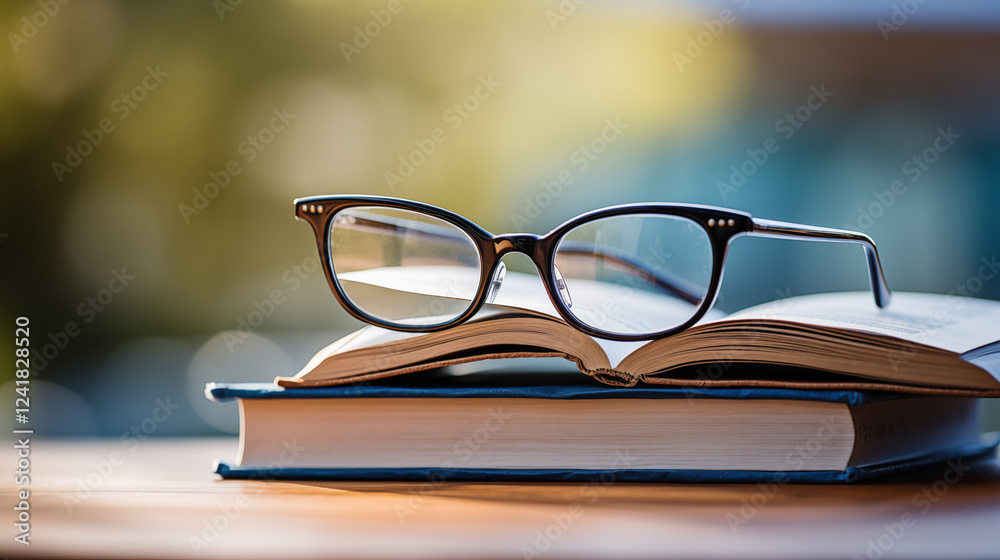 A stack of books and a pair of glasses . Blurred background A stack of books and a pair of glasses . Blurred background