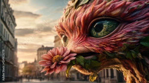 Wallpaper Mural A fantasy creature with colorful, intricate textures gazes affectionately while holding a flower, set against an urban backdrop that juxtaposes nature and city life. Torontodigital.ca