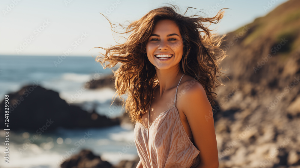 Fototapeta premium Portrait of a very happy young woman loving the life shes living having fun on the beach