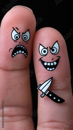 Two human index fingers are the subjects of this image, each bearing a hand-drawn face; one smiles brightly, while the other frowns with downturned lips and eyebrows. photo