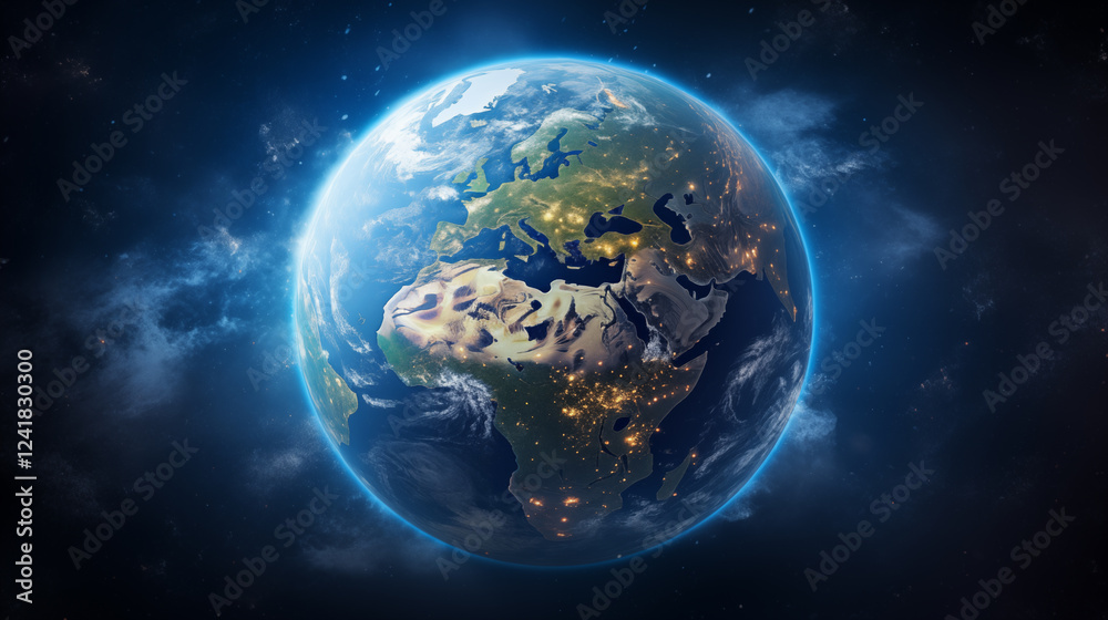 Planet Earth with detailed relief and atmosphere. Blue space background with earth and galaxy. Planet Earth with detailed relief and atmosphere. Blue space background with earth and galaxy.