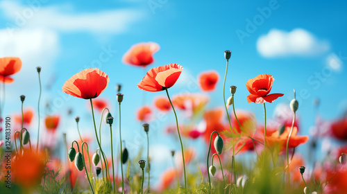 meadow with red poppies blue sky in the background. poppies field