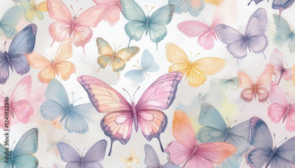 Fototapeta premium Cute butterflies hand drawn seamless pattern. Delicate colorful butterflies on white background. Beautiful pastel creatures wallpaper design.