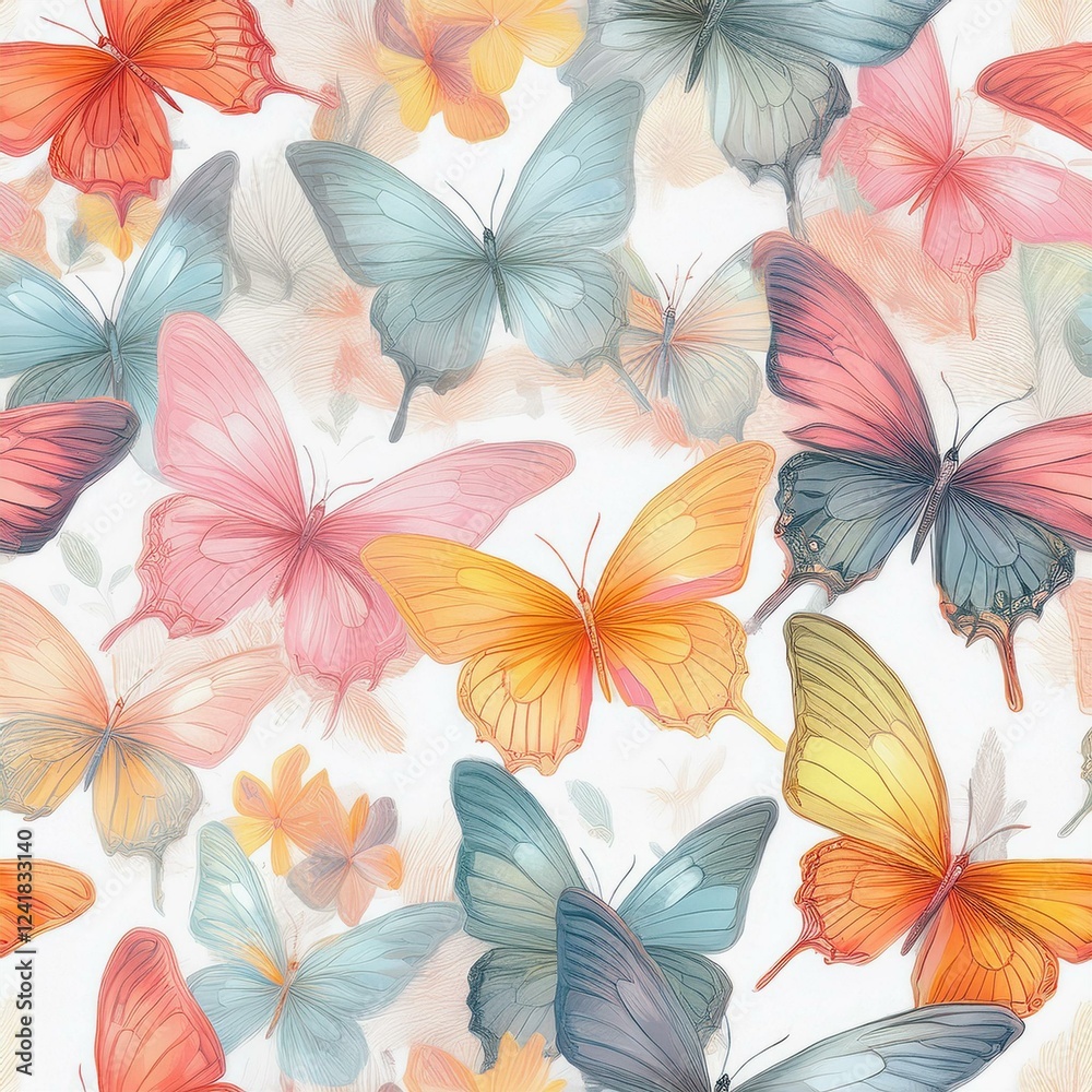 Obraz premium Cute butterflies hand drawn seamless pattern. Delicate colorful butterflies on white background. Beautiful pastel creatures wallpaper design.