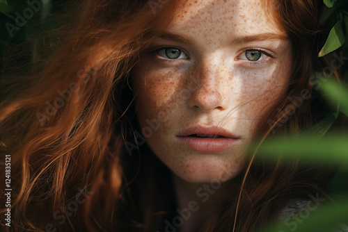 portrait of a beautiful girl with green leaves photo