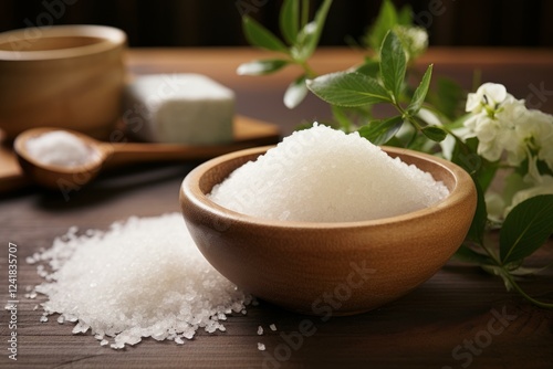 Epsom salt crystals overflowing a wooden bowl on a spa table with soap and aromatherapy flowers, promoting relaxation and wellness photo
