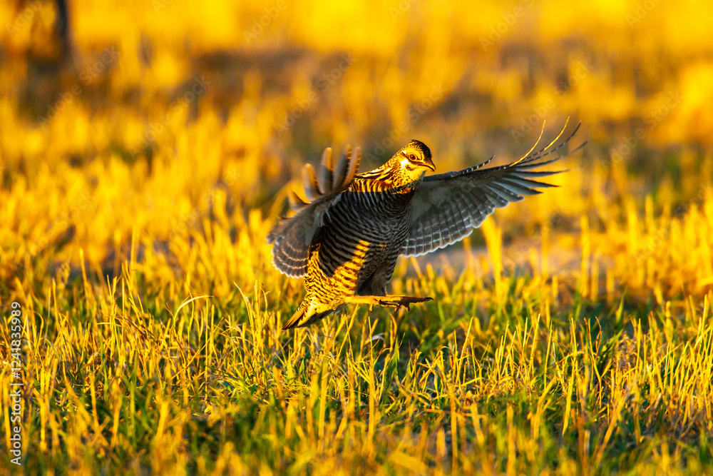 USA, Nebraska, Loup County. Greater prairie chicken flying into lek at sunrise.