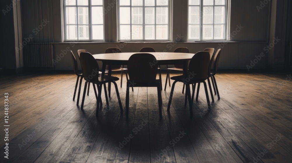 Fototapeta premium Empty conference room, large table, wooden floor, meeting preparation