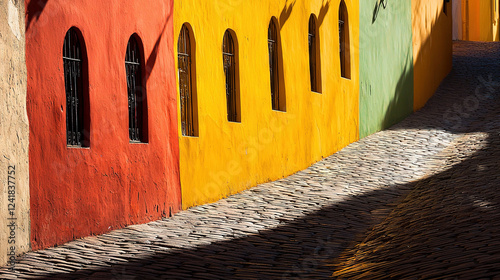 Fototapeta Naklejka Na Ścianę i Meble -    A cobblestone street leads to a colorful building with arched windows and a clock