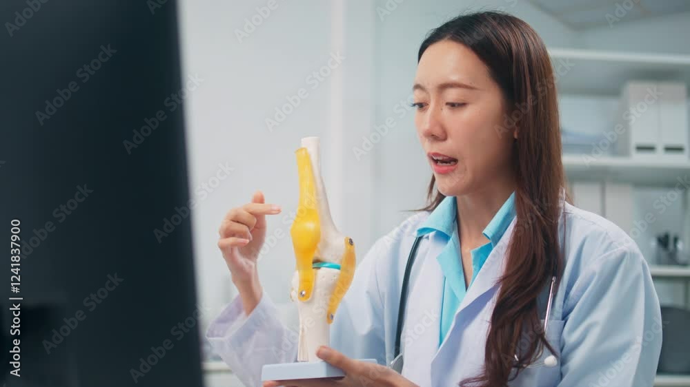 Portrait of Asian female doctor having a video call with a patient and holding knee joint model giving advice on treatment to a patient online from doctor office. Online medical consultation concept. Portrait of Asian female doctor having a video call with a patient and holding knee joint model giving advice on treatment to a patient online from doctor office. Online medical consultation concept.