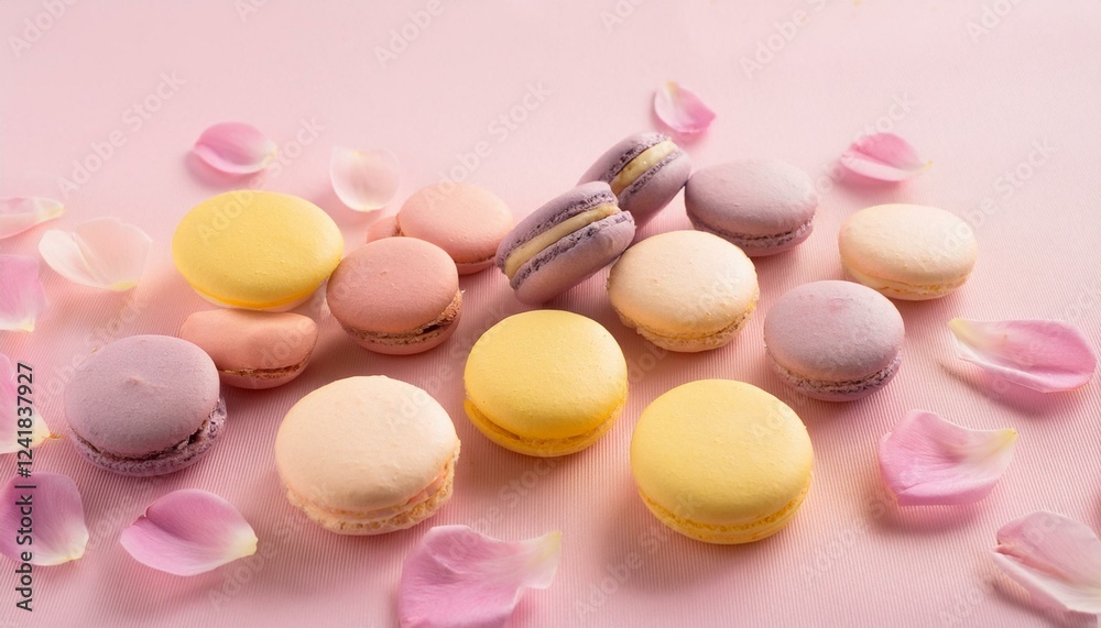 Pastel-colored macarons arranged on a pink background with rose petals. Pastel-colored macarons arranged on a pink background with rose petals.