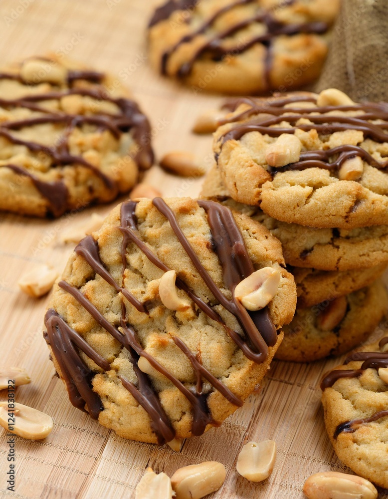 Close-up of delicious peanut butter cookies with chocolate drizzle. Close-up of delicious peanut butter cookies with chocolate drizzle.
