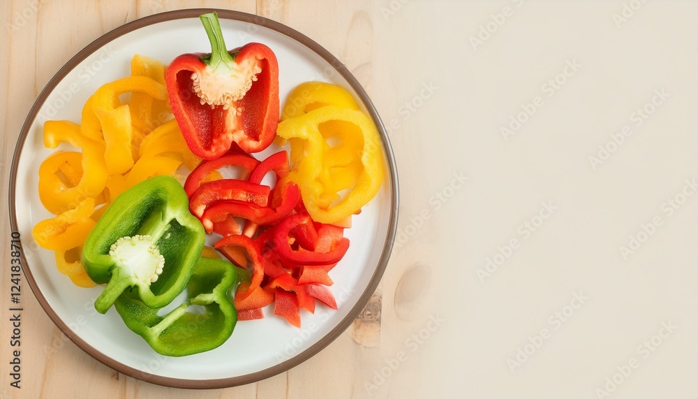 Colorful bell peppers sliced and arranged on a plate. Colorful bell peppers sliced and arranged on a plate.